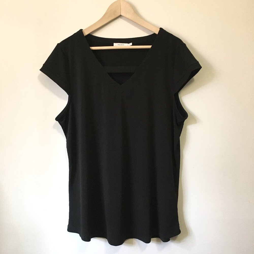 90s Whimsigoth Dark Coquette Black Keyhole Cut Out Top Cap Sleeve - XL